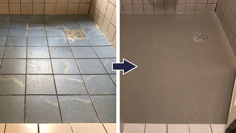 浴室タイルの床 シート張り施工 洗剤 清掃 リペア リフォームはマセケミカル